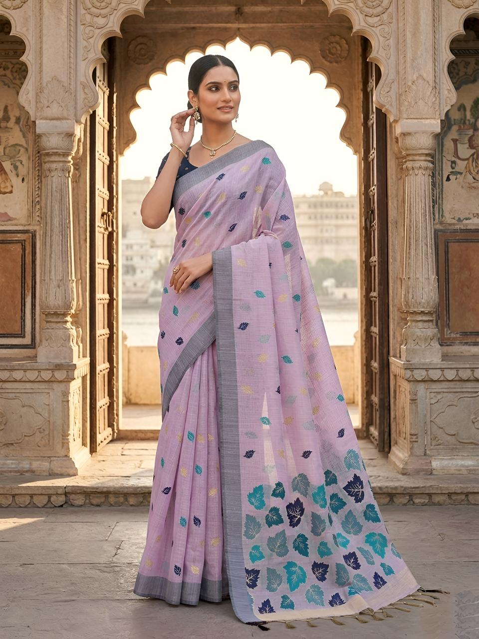Lavender Pink Cotton Saree with Teal Leaf Motif Designer Pallu