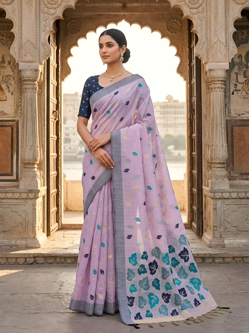 Lavender Pink Cotton Saree with Teal Leaf Motif Designer Pallu