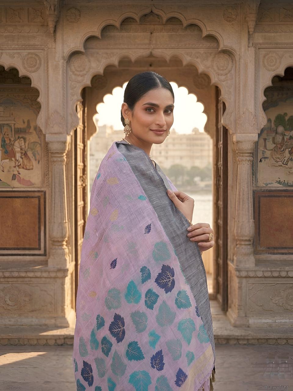 Lavender Pink Cotton Saree with Teal Leaf Motif Designer Pallu