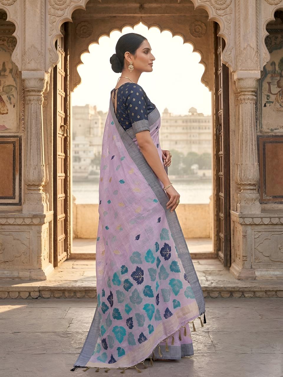 Lavender Pink Cotton Saree with Teal Leaf Motif Designer Pallu