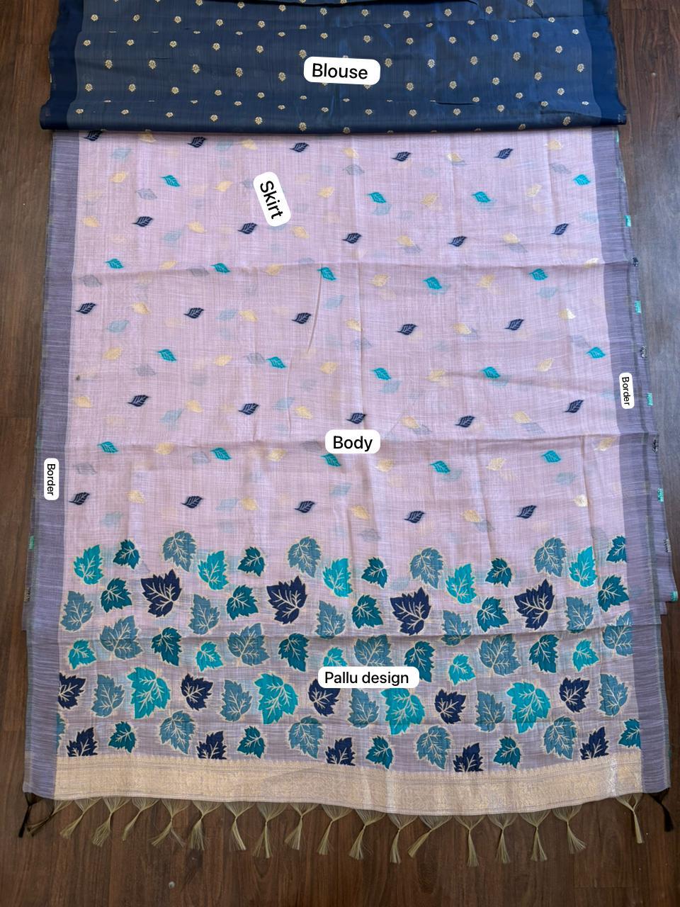 Lavender Pink Cotton Saree with Teal Leaf Motif Designer Pallu