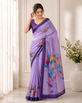 Aadatein Lavender Linen Digital Printed Saree with Vibrant Floral Print & Designer Border