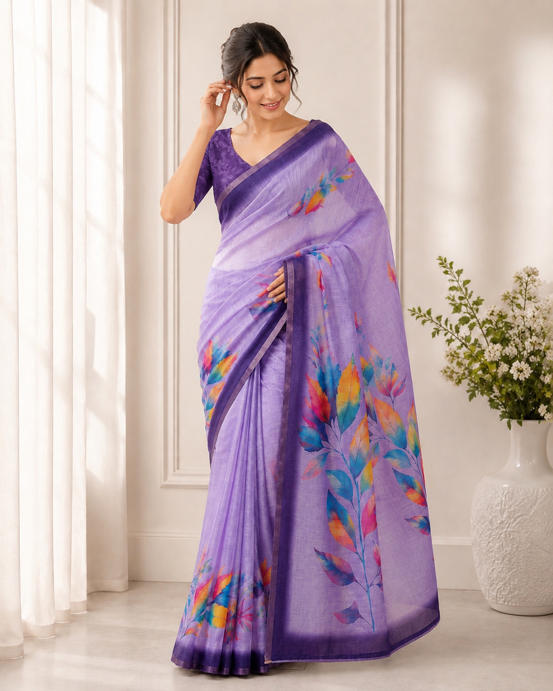 Aadatein Lavender Linen Digital Printed Saree with Vibrant Floral Print & Designer Border