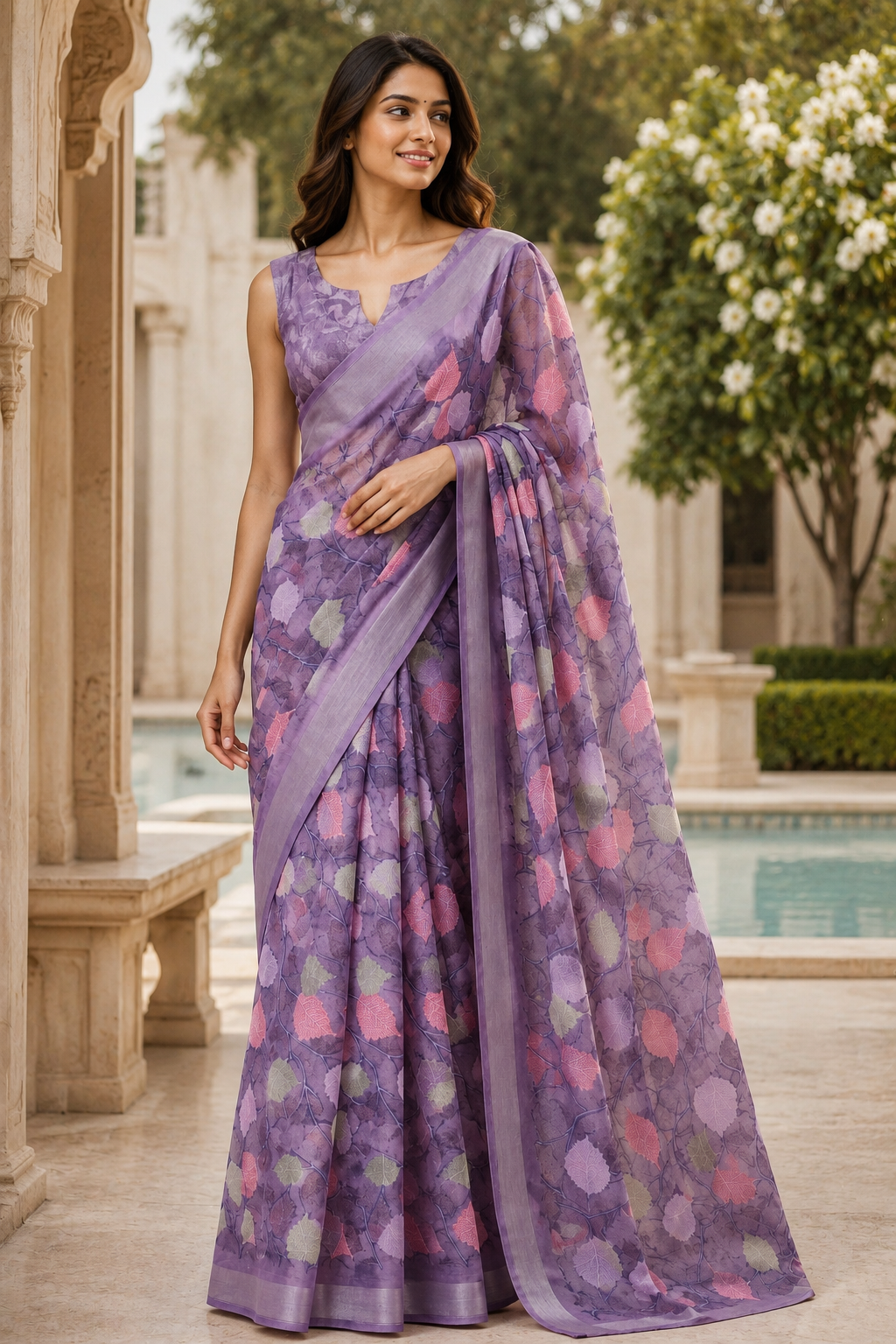 Lavender Leaf Print Organza Saree with Matching Blouse