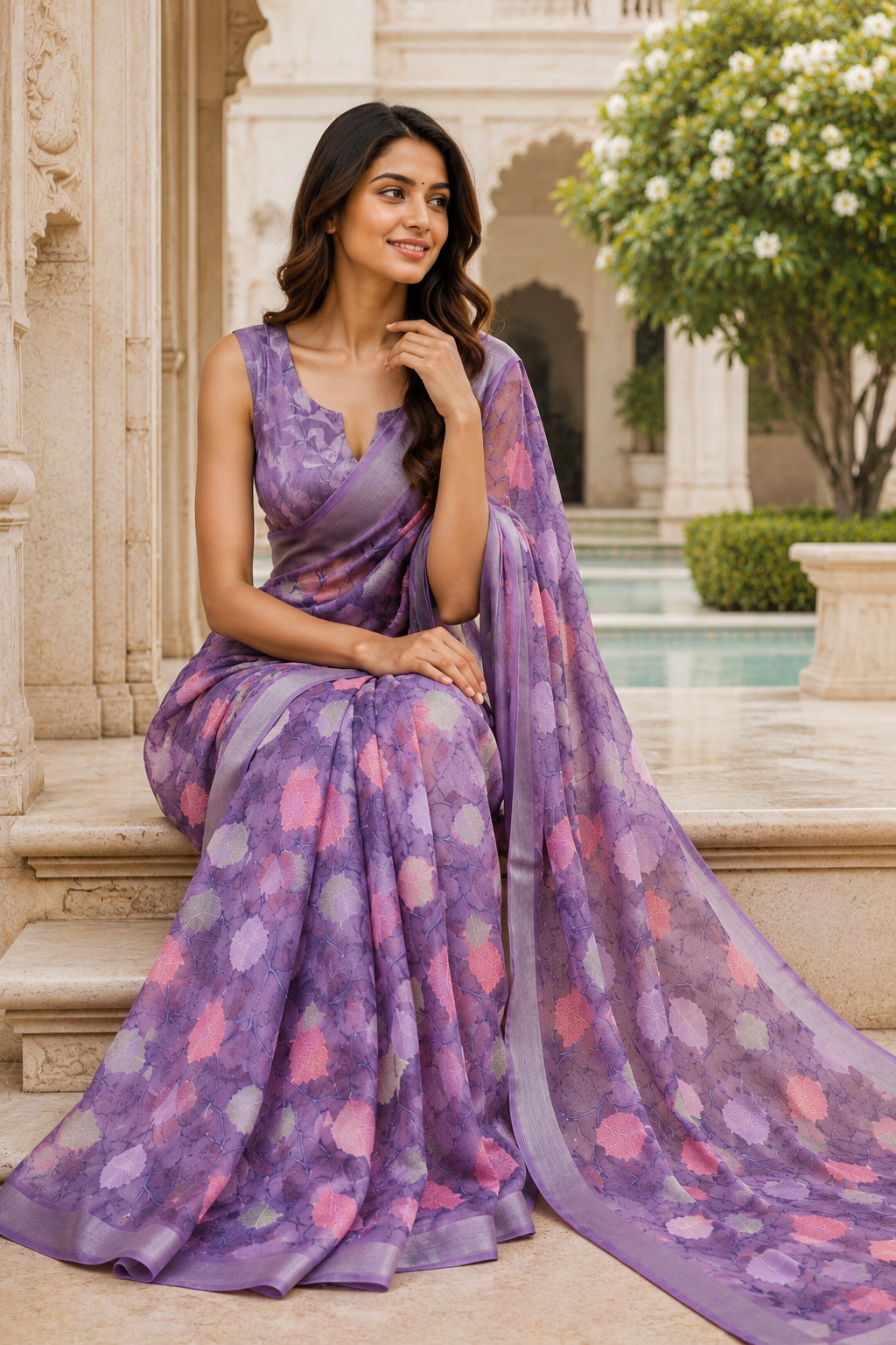 Lavender Leaf Print Organza Saree with Matching Blouse