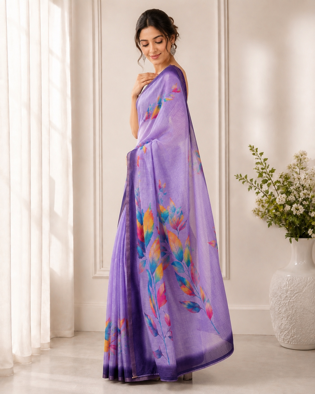 Aadatein Lavender Linen Digital Printed Saree with Vibrant Floral Print & Designer Border
