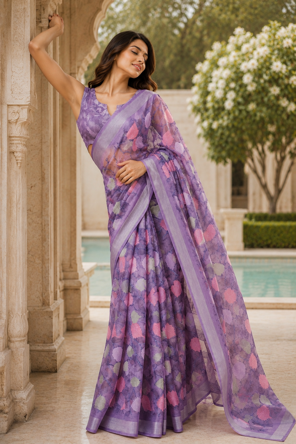 Lavender Leaf Print Organza Saree with Matching Blouse