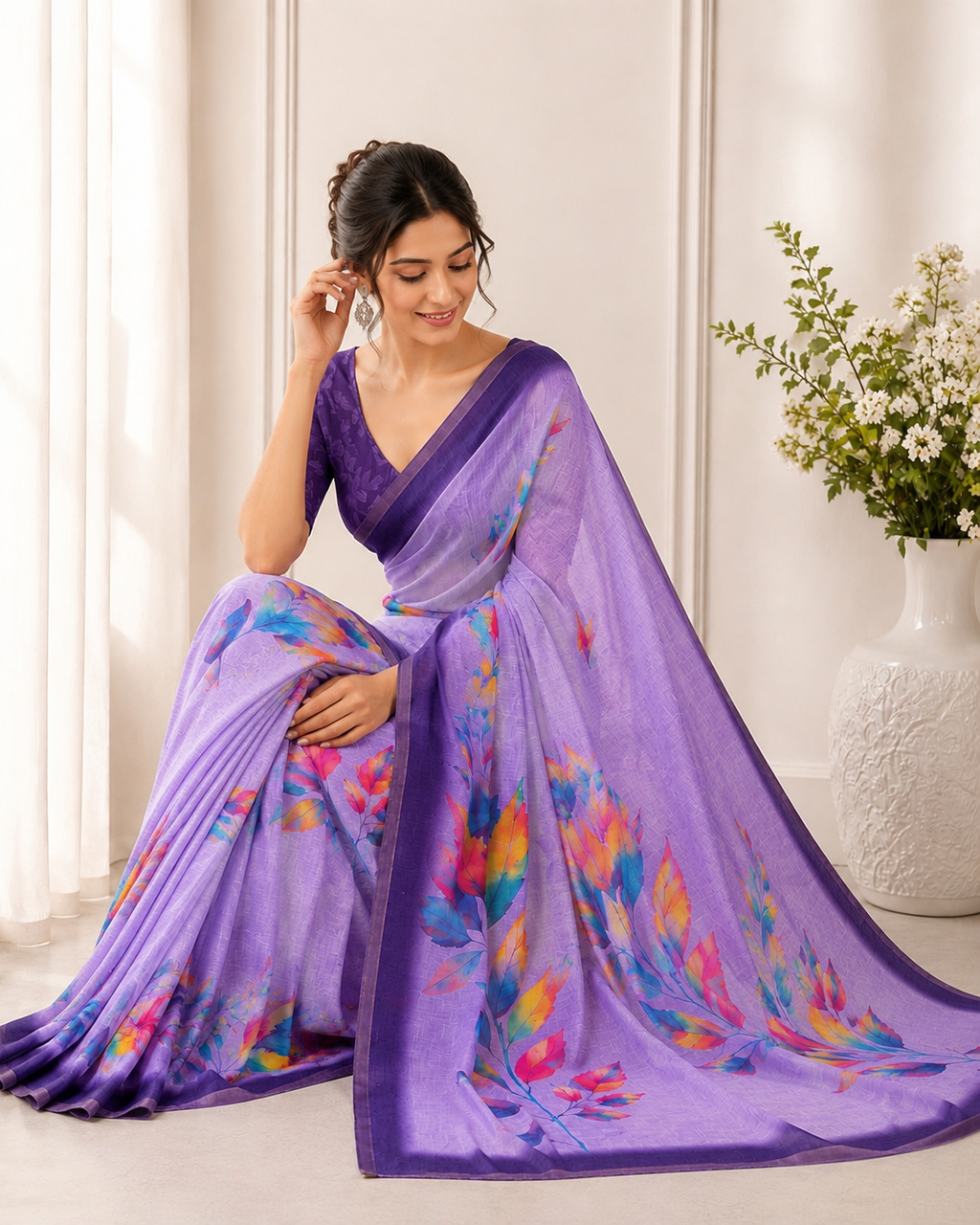 Aadatein Lavender Linen Digital Printed Saree with Vibrant Floral Print & Designer Border