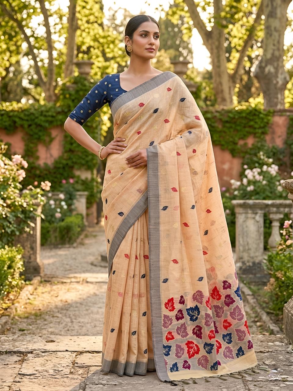 Light Orange Cotton Saree with Teal Leaf Motif Designer Pallu