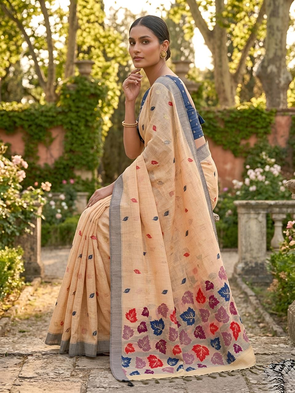Light Orange Cotton Saree with Teal Leaf Motif Designer Pallu