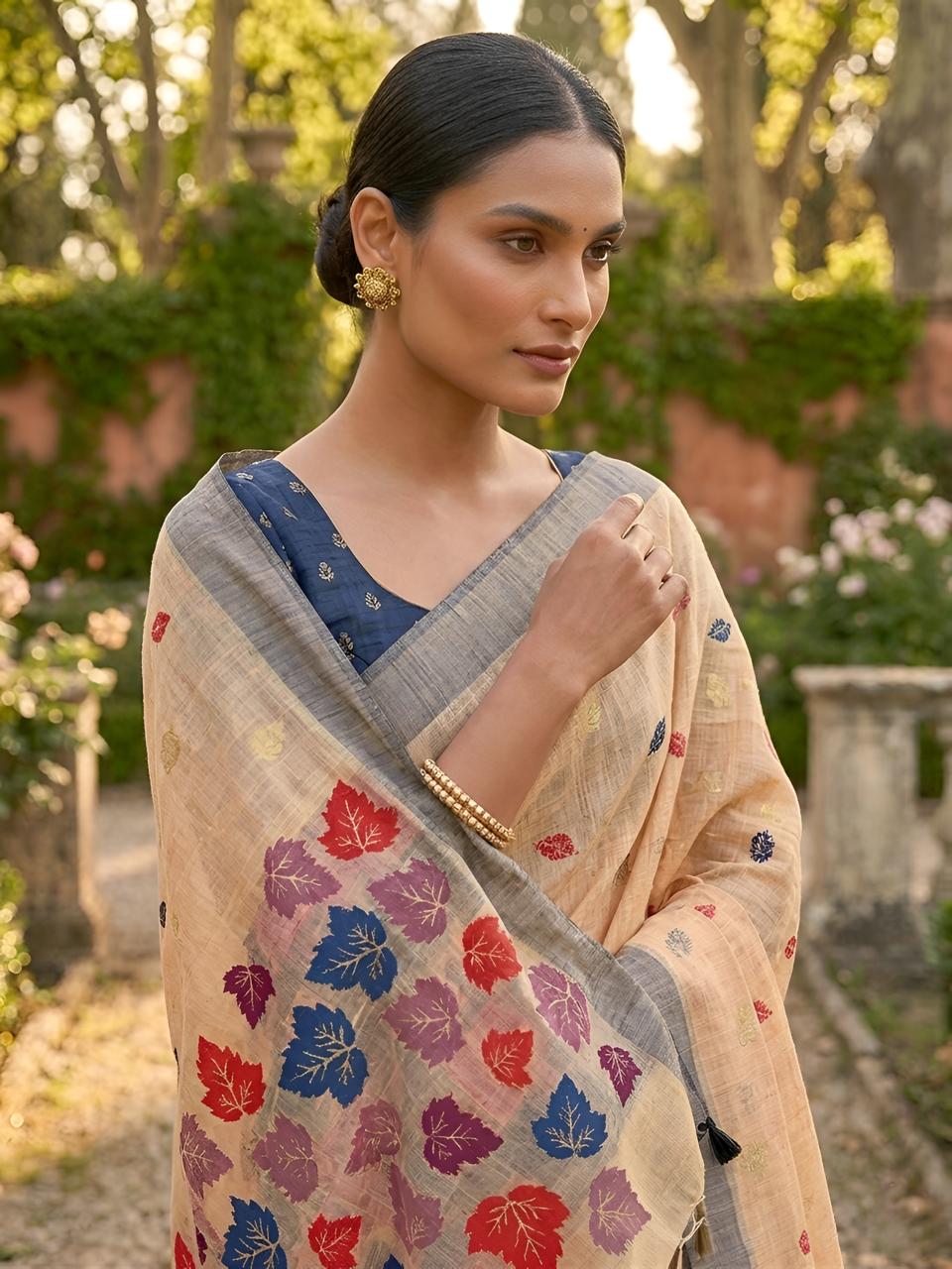 Light Orange Cotton Saree with Teal Leaf Motif Designer Pallu