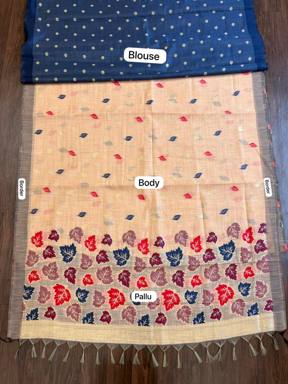 Light Orange Cotton Saree with Teal Leaf Motif Designer Pallu