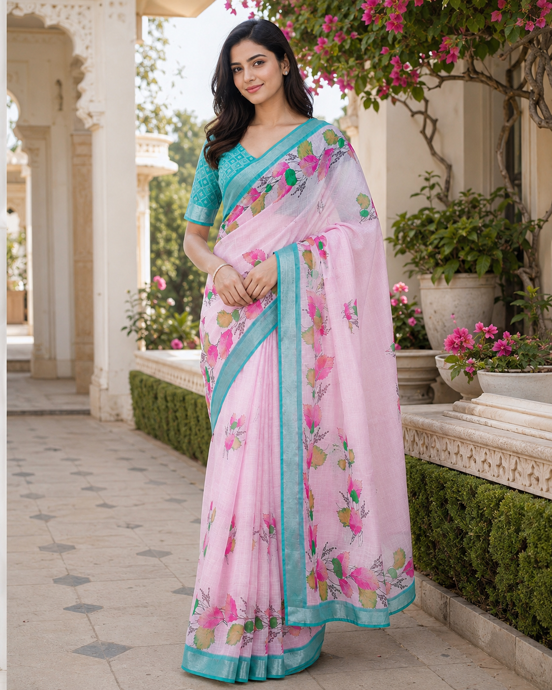 Light Pink Floral Linen Blend Saree with Aqua Blue Border | Elegant Printed Saree for Women