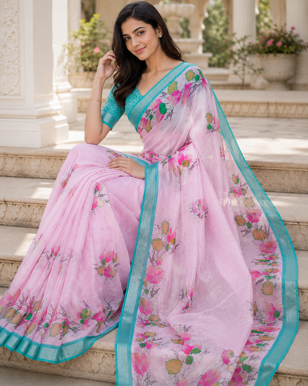 Light Pink Floral Linen Blend Saree with Aqua Blue Border | Elegant Printed Saree for Women