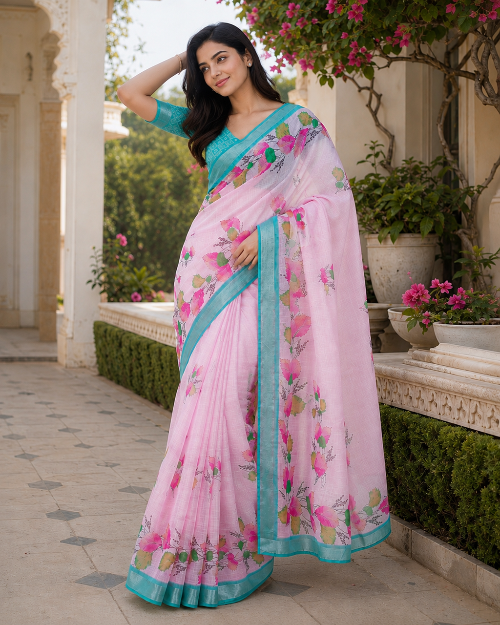 Light Pink Floral Linen Blend Saree with Aqua Blue Border | Elegant Printed Saree for Women
