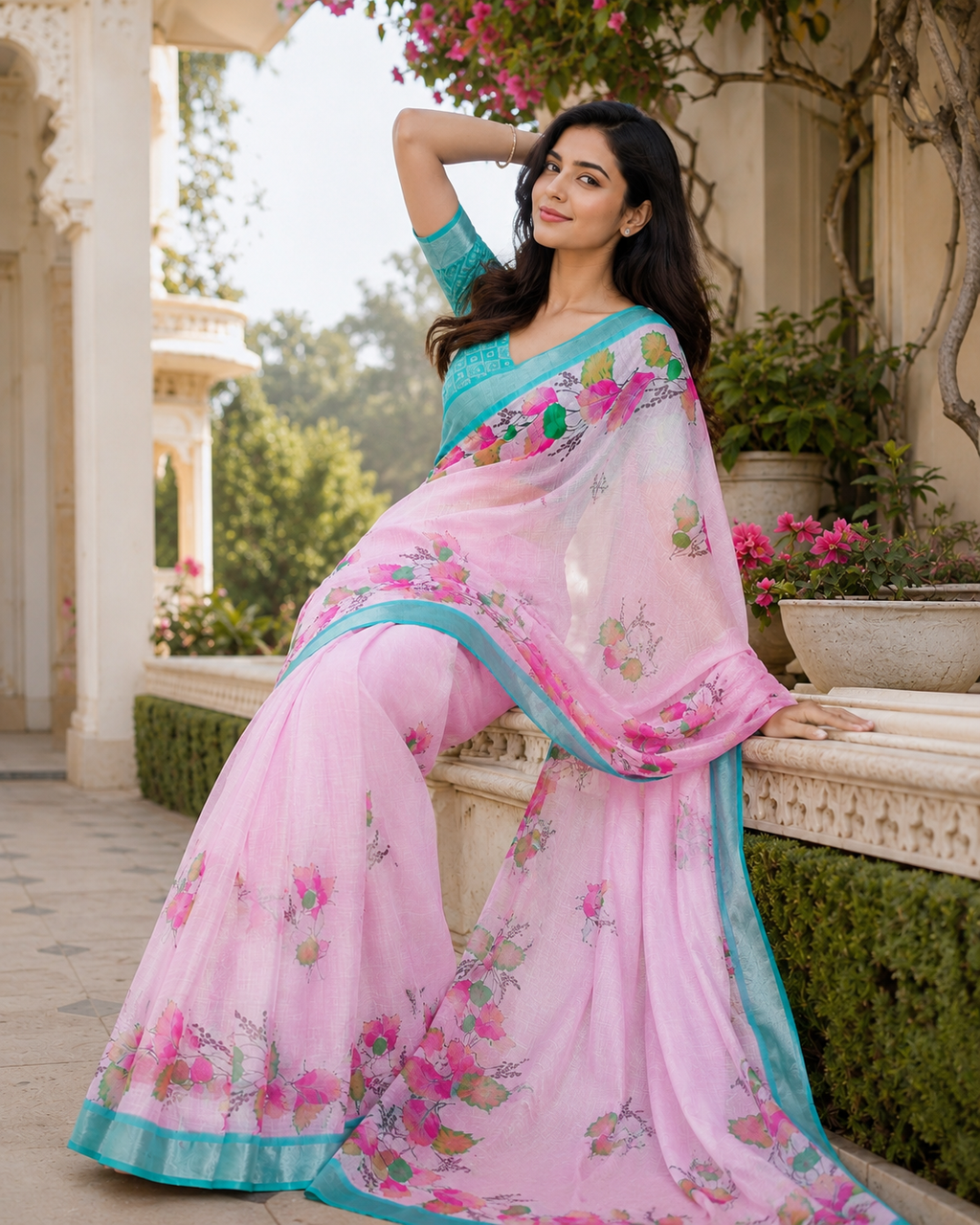 Light Pink Floral Linen Blend Saree with Aqua Blue Border | Elegant Printed Saree for Women