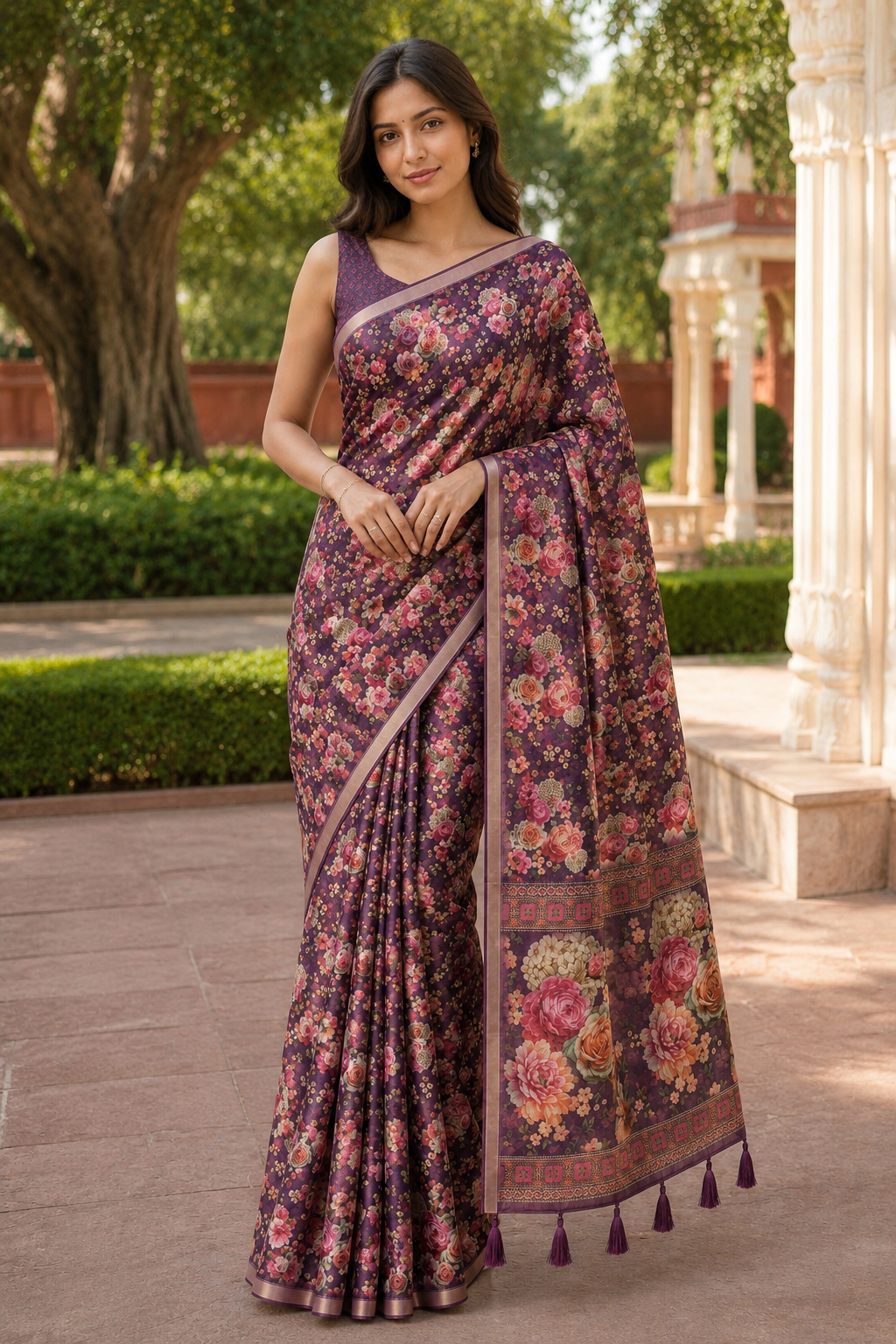 Maroon Linen Printed Saree with Floral Design | Elegant Party Wear & Casual Saree for Women