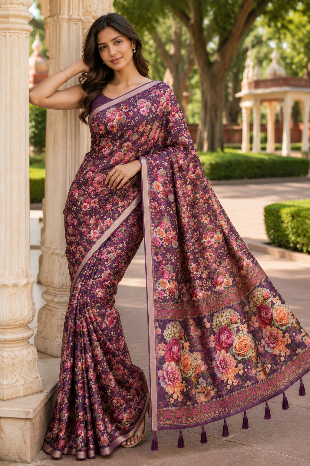 Maroon Linen Printed Saree with Floral Design | Elegant Party Wear & Casual Saree for Women
