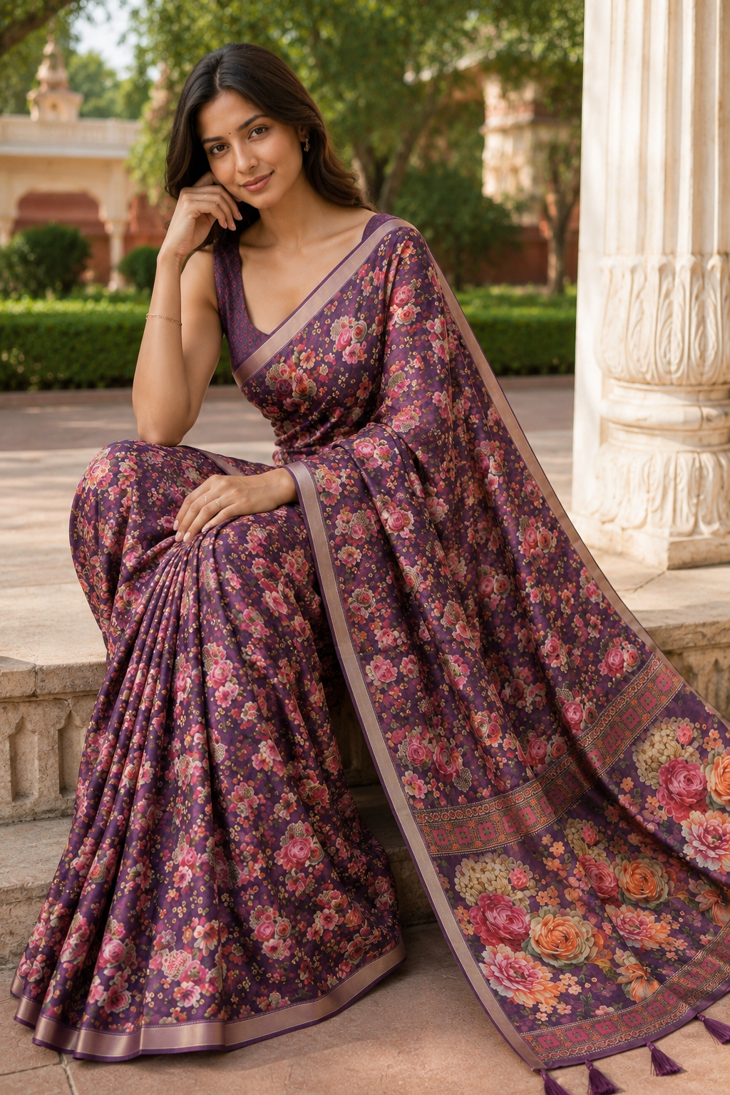 Maroon Linen Printed Saree with Floral Design | Elegant Party Wear & Casual Saree for Women