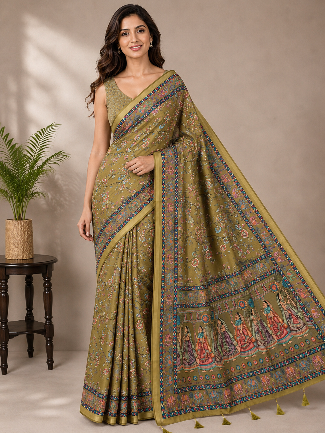 Mehendi Green Printed Saree with Traditional Floral Design, Multicolor Border & Designer Pallu