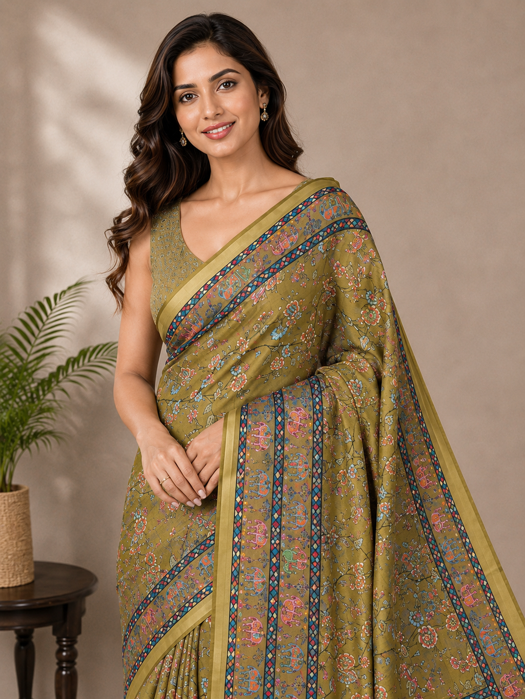 Mehendi Green Printed Saree with Traditional Floral Design, Multicolor Border & Designer Pallu