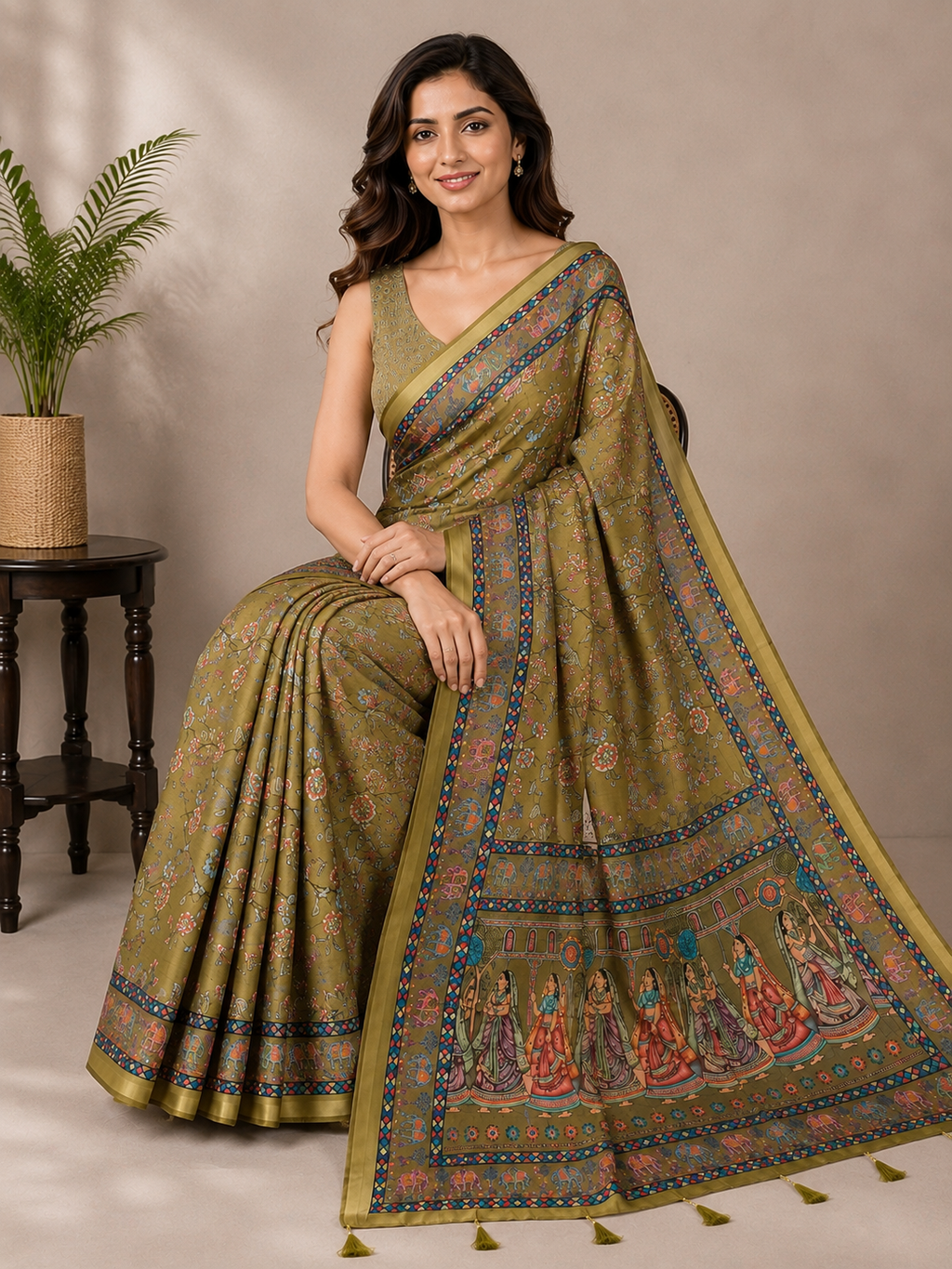 Mehendi Green Printed Saree with Traditional Floral Design, Multicolor Border & Designer Pallu