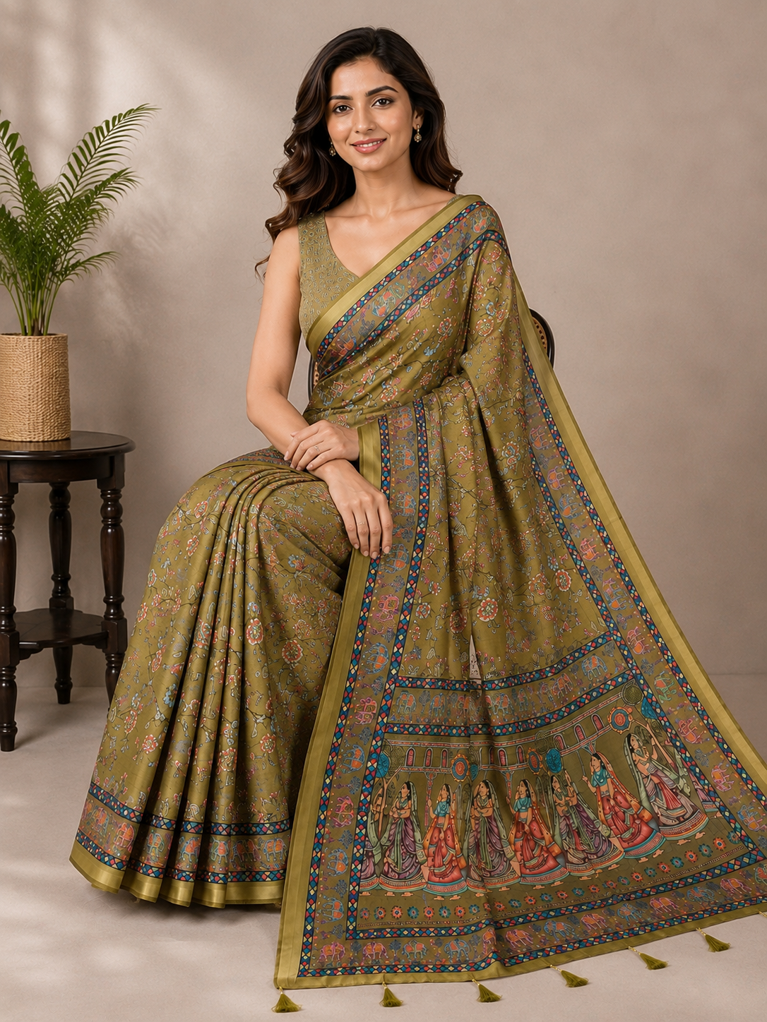 Mehendi Green Printed Saree with Traditional Floral Design, Multicolor Border & Designer Pallu