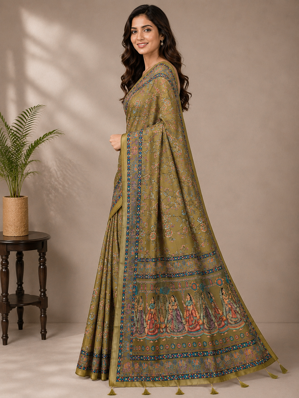 Mehendi Green Printed Saree with Traditional Floral Design, Multicolor Border & Designer Pallu