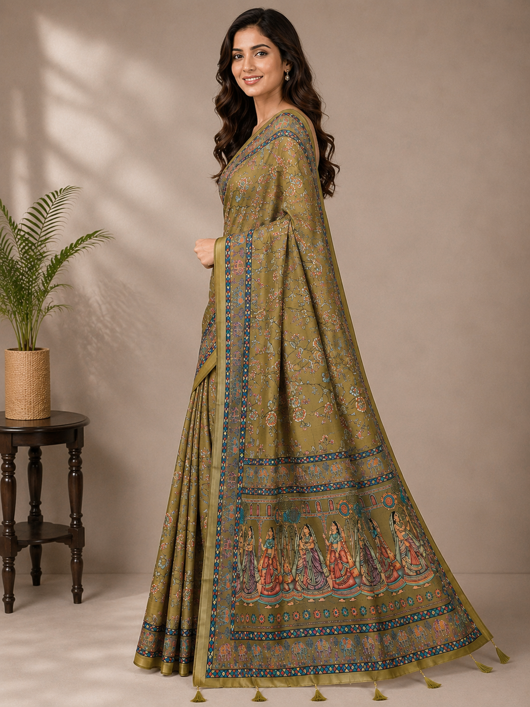 Mehendi Green Printed Saree with Traditional Floral Design, Multicolor Border & Designer Pallu