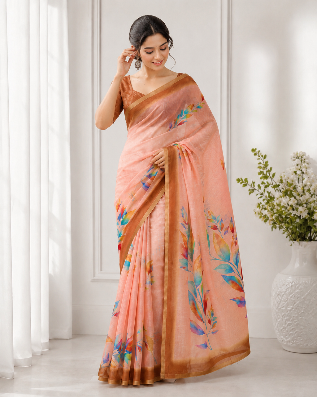 Aadatein Peach Linen Digital Printed Saree with Multicolor Floral Print & Golden Border