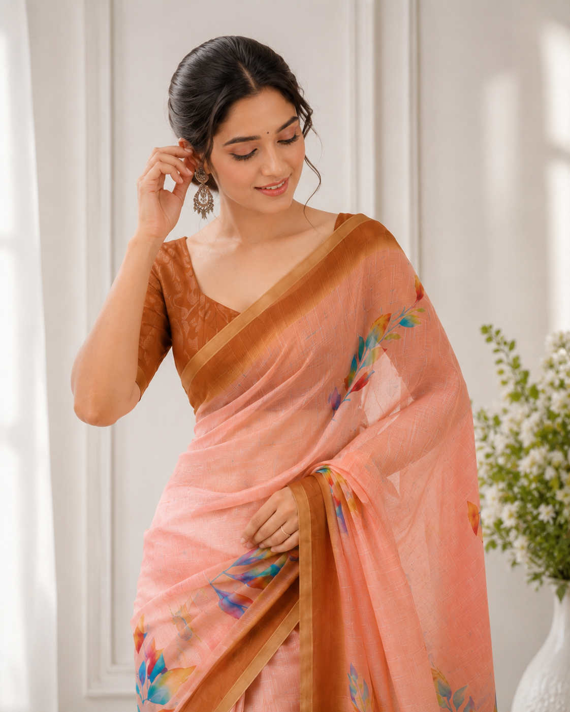 Aadatein Peach Linen Digital Printed Saree with Multicolor Floral Print & Golden Border
