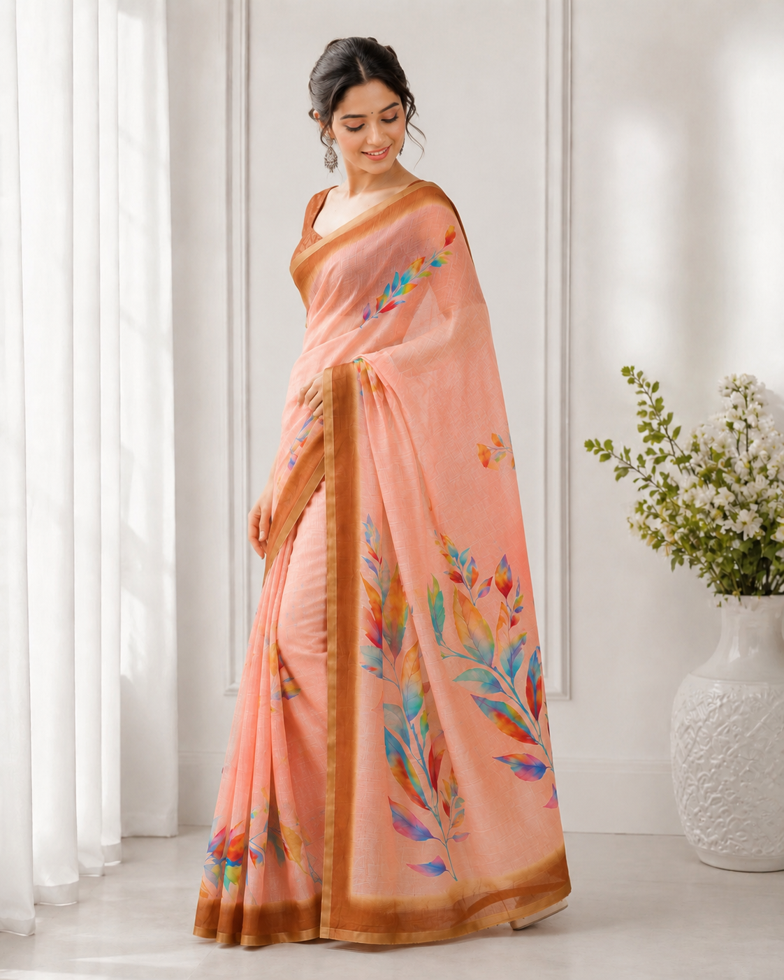 Aadatein Peach Linen Digital Printed Saree with Multicolor Floral Print & Golden Border