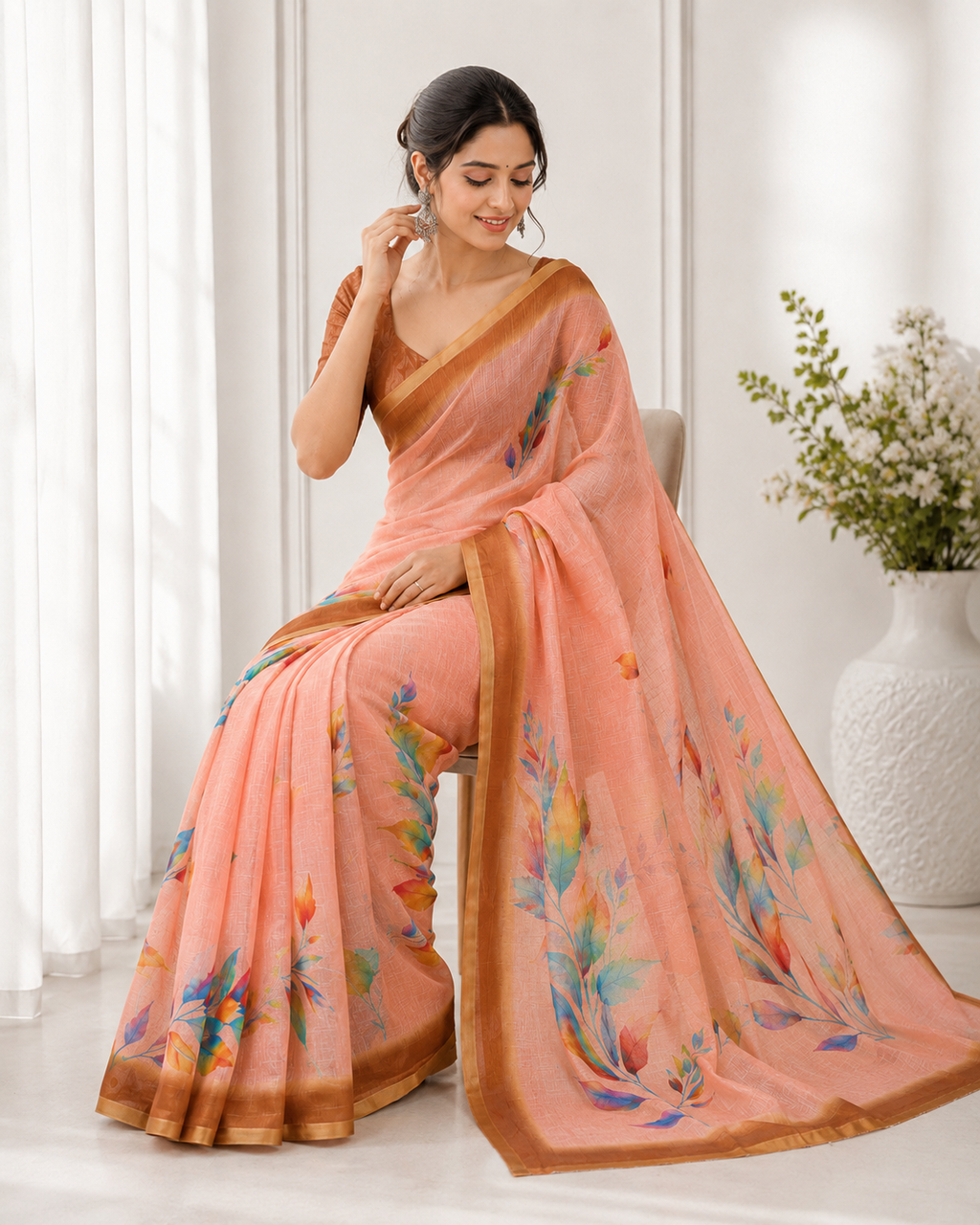 Aadatein Peach Linen Digital Printed Saree with Multicolor Floral Print & Golden Border