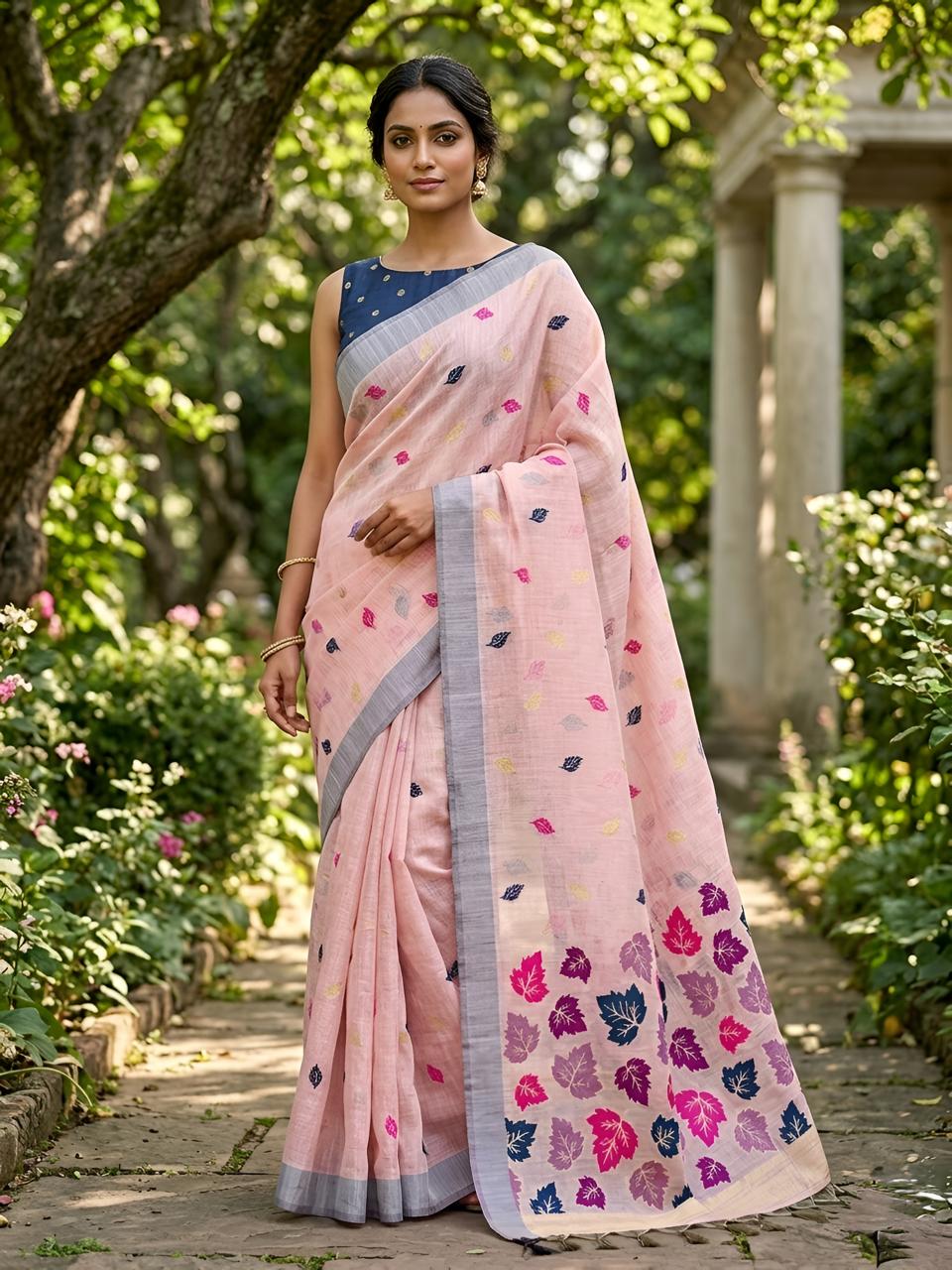 Blush Pink Cotton Saree with Multicolor Leaf Motif Designer Pallu
