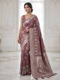 Rose Mauve Silver Zari Woven Traditional Saree with Designer Heritage Pallu