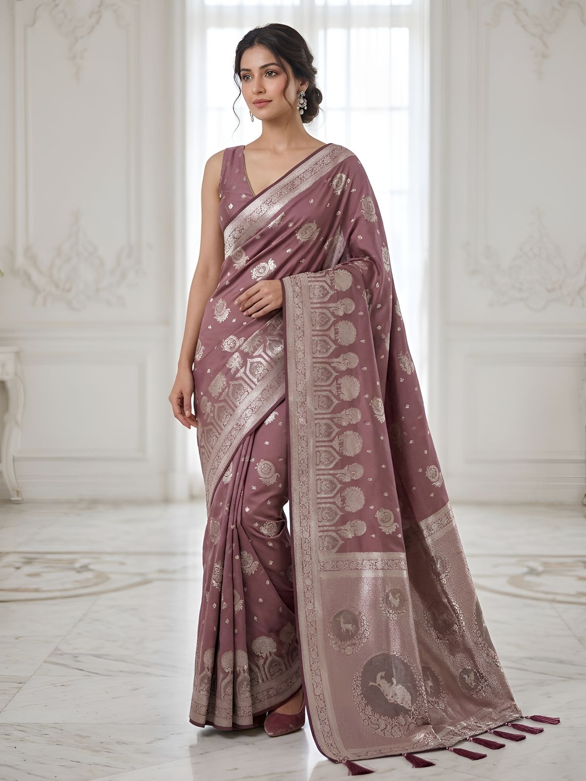 Rose Mauve Silver Zari Woven Traditional Saree with Designer Heritage Pallu