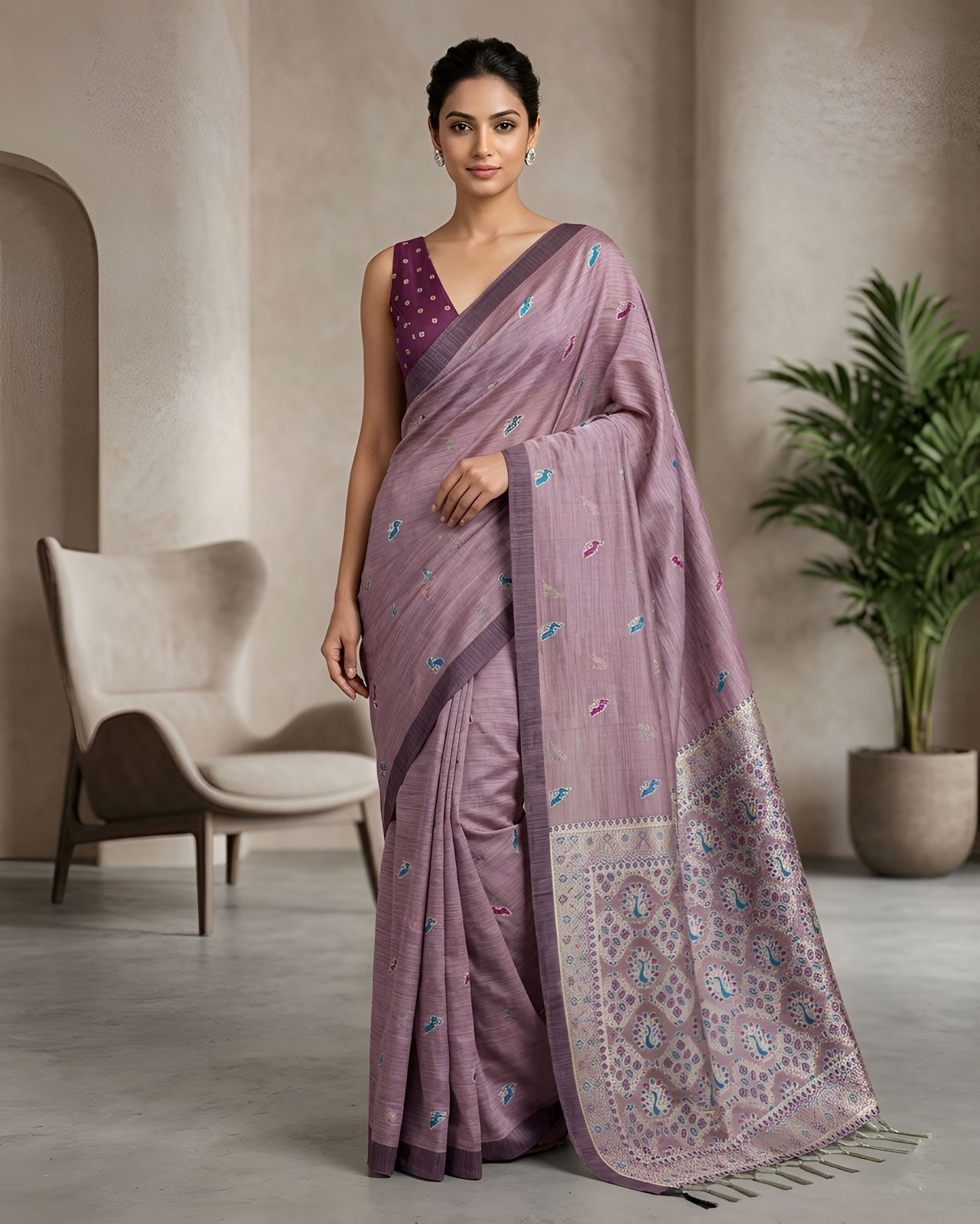 Dusty Lavender Woven Saree with Multicolor Buti Motifs and Designer Heritage Pallu