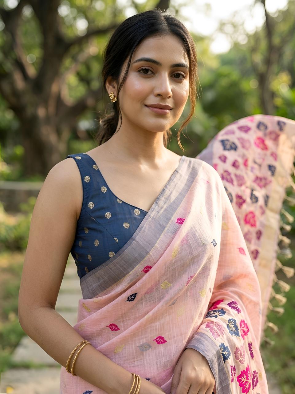 Blush Pink Cotton Saree with Multicolor Leaf Motif Designer Pallu