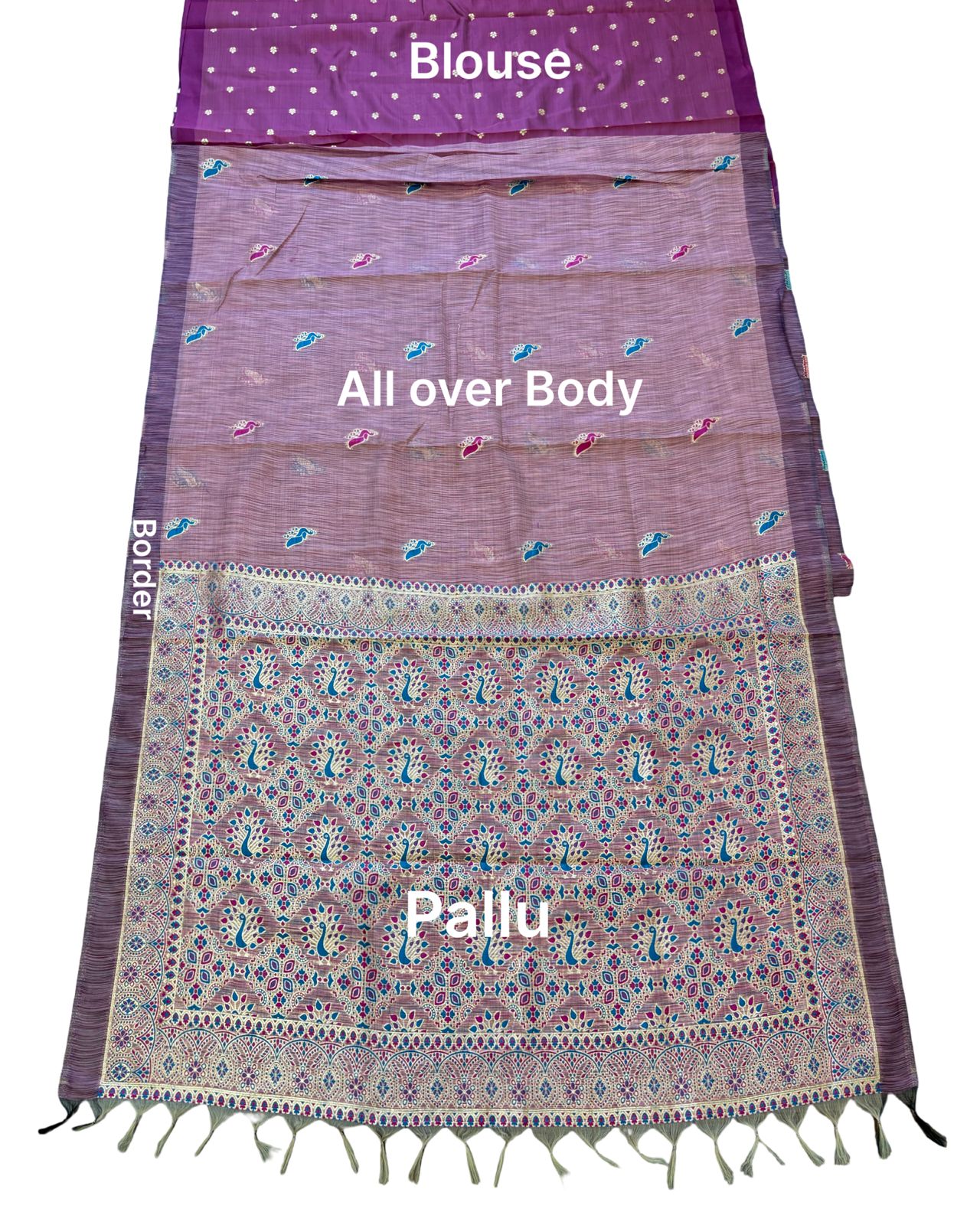 Dusty Lavender Woven Saree with Multicolor Buti Motifs and Designer Heritage Pallu