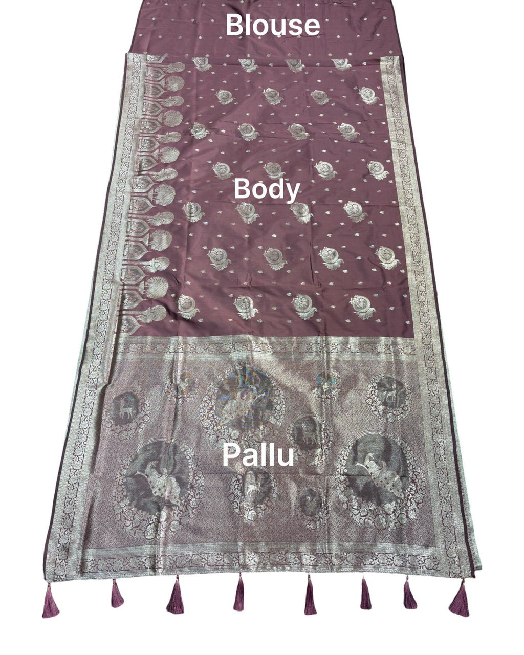 Rose Mauve Silver Zari Woven Traditional Saree with Designer Heritage Pallu