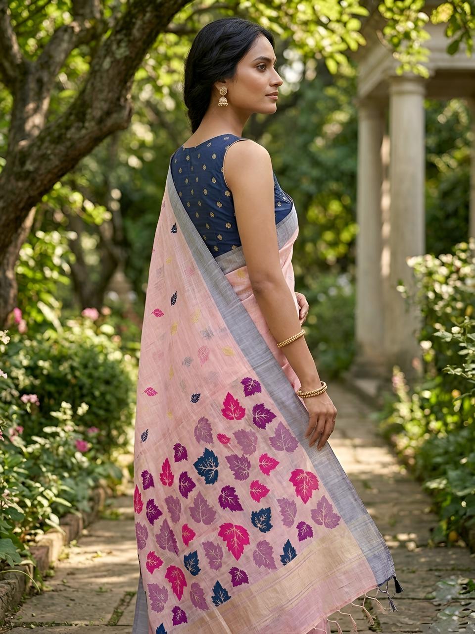 Blush Pink Cotton Saree with Multicolor Leaf Motif Designer Pallu