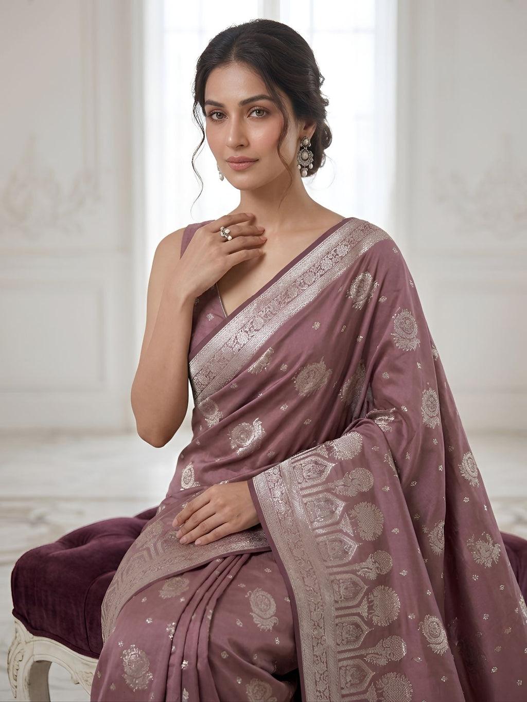 Rose Mauve Silver Zari Woven Traditional Saree with Designer Heritage Pallu