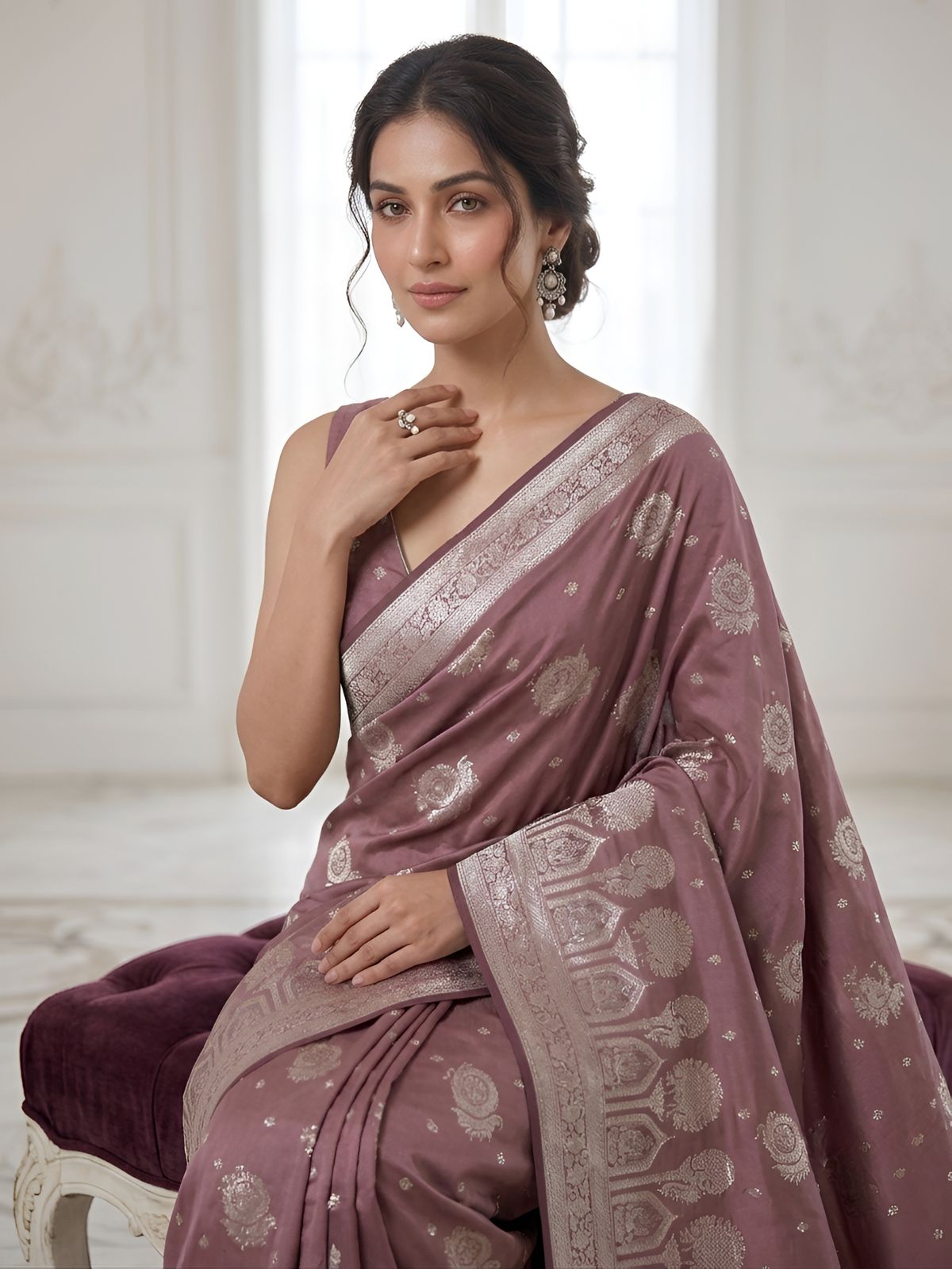 Rose Mauve Silver Zari Woven Traditional Saree with Designer Heritage Pallu