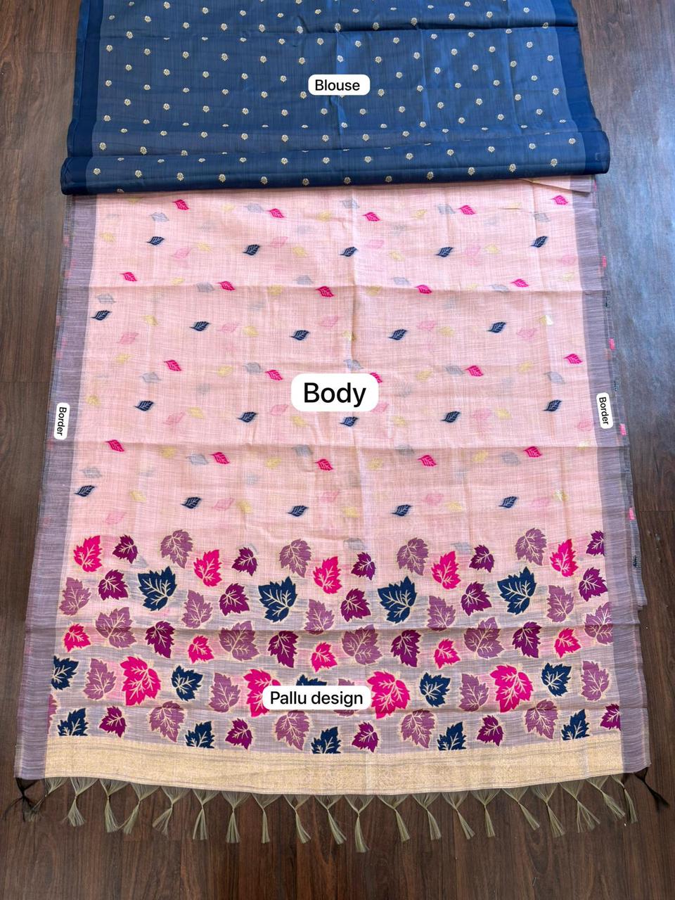 Blush Pink Cotton Saree with Multicolor Leaf Motif Designer Pallu