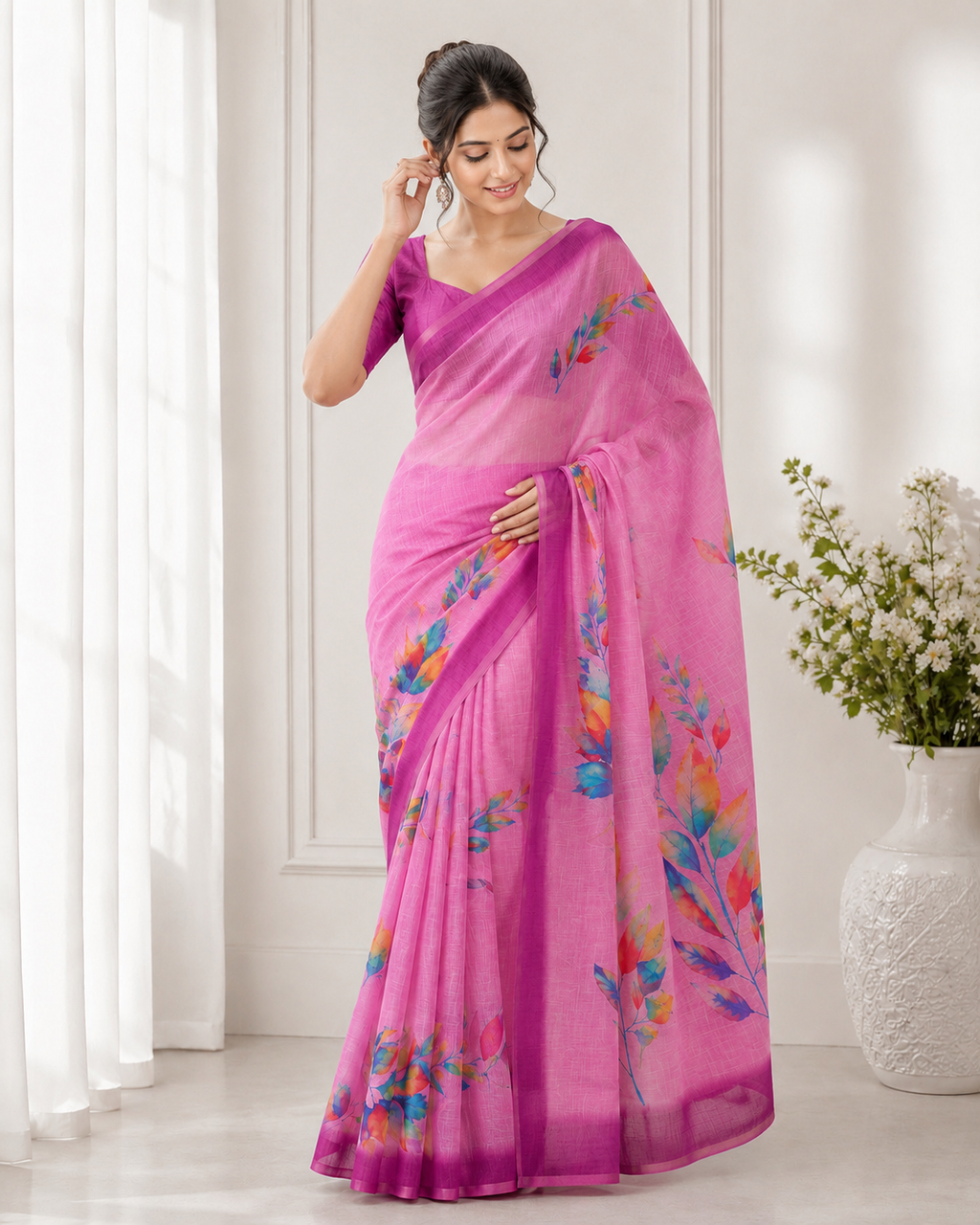 Pink Linen Printed Saree with Floral Design | Lightweight Party Wear Saree for Women
