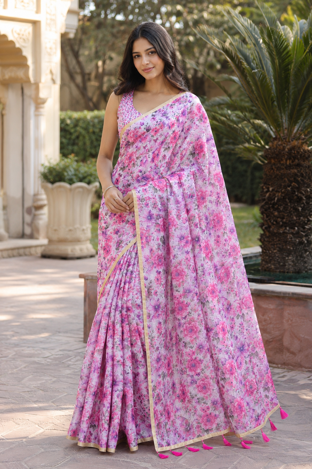 Pink Floral Printed Linen Saree for Women | Lightweight Casual & Party Wear Saree