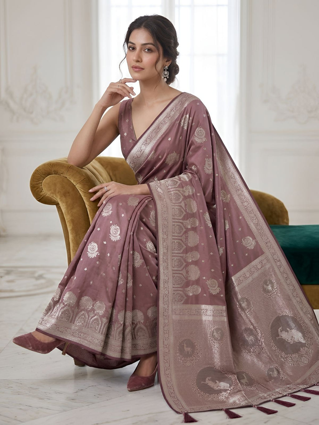 Rose Mauve Silver Zari Woven Traditional Saree with Designer Heritage Pallu
