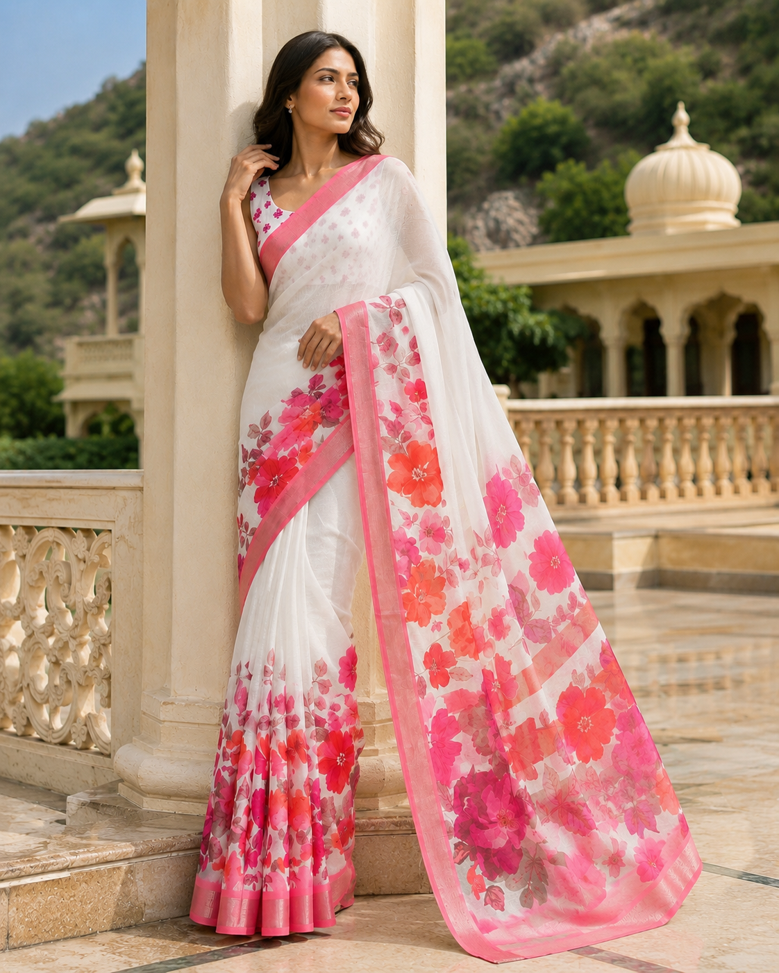 Pink Blossom Floral Organza Saree with Designer Border