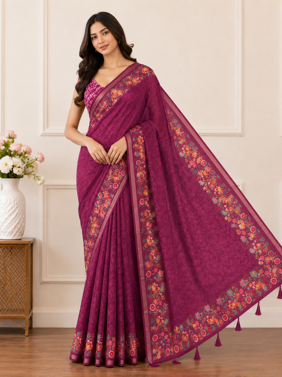 Pink Floral Border Linen Blend Saree for Women | Elegant Traditional Saree
