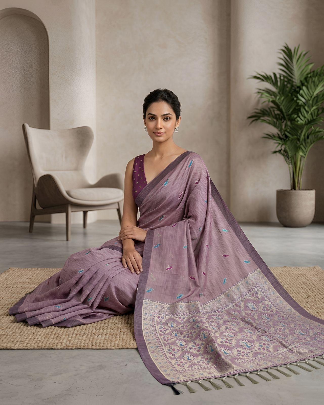 Dusty Lavender Woven Saree with Multicolor Buti Motifs and Designer Heritage Pallu